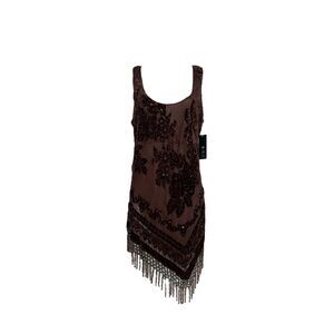 Burnout Velvet Brown Silk Blend Beaded Cascading Hem Y2K top/mini dress
